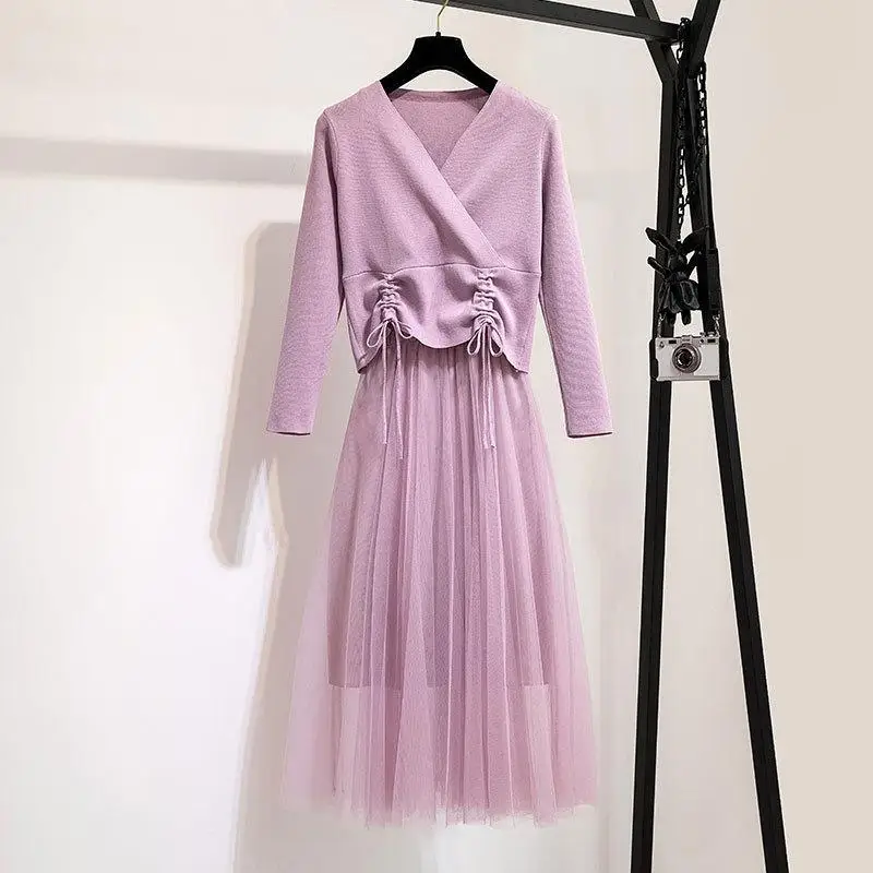 

ICHOIX Korean mesh long dress two piece set women tops and skirt set black purple lace up sweater 2 piece outfits winter clothes