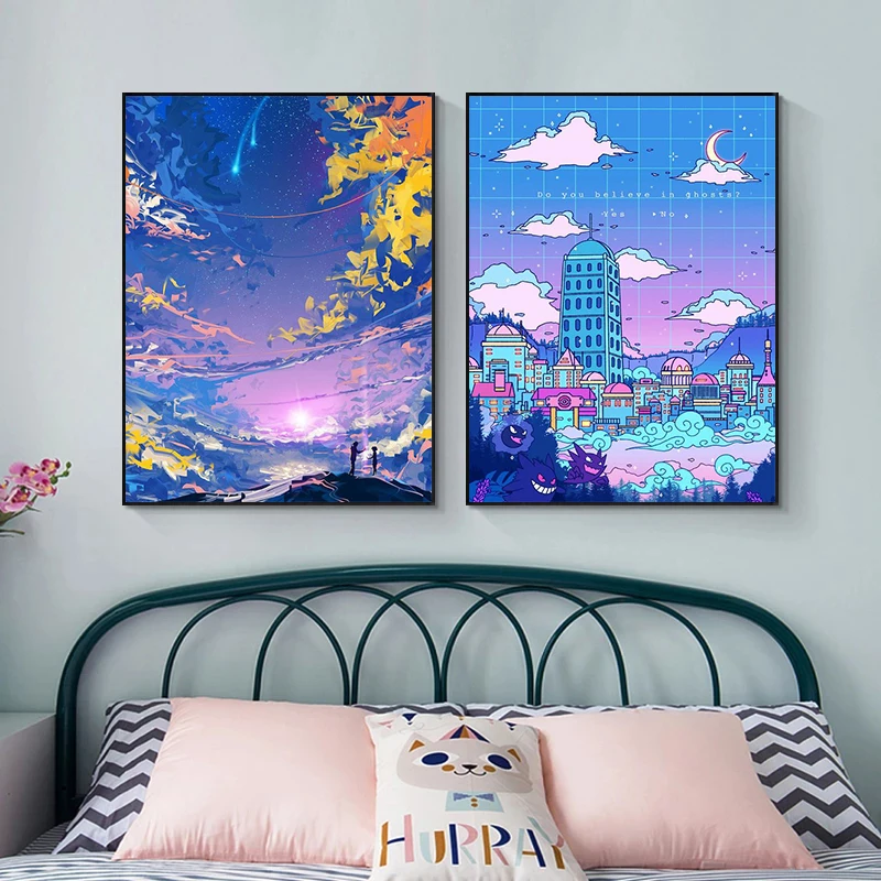 Мультяшный аниме художественный постер точки зрения улица печать ночное дерево
