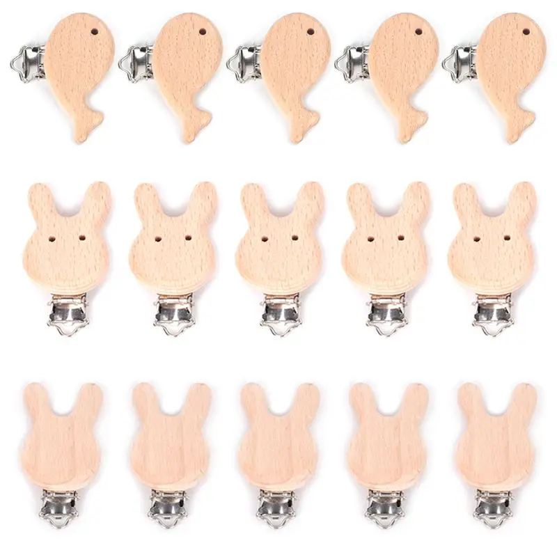 

5Pcs Natural Beech Wood Animal Pacifier Clips Baby Teether Safety Clasp DIY Nipple Chain Accessories