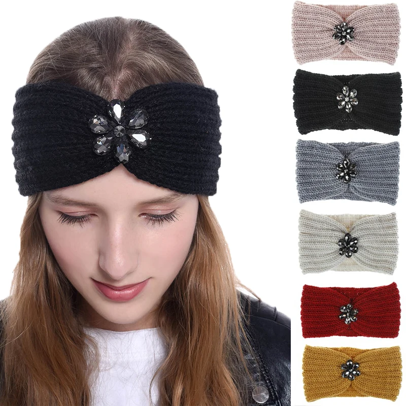 

CN Winter Knitted Warmer Ear Headbands For Women Girls flower Rhinestone Hairbands Turban Headwrap Hair Accessories