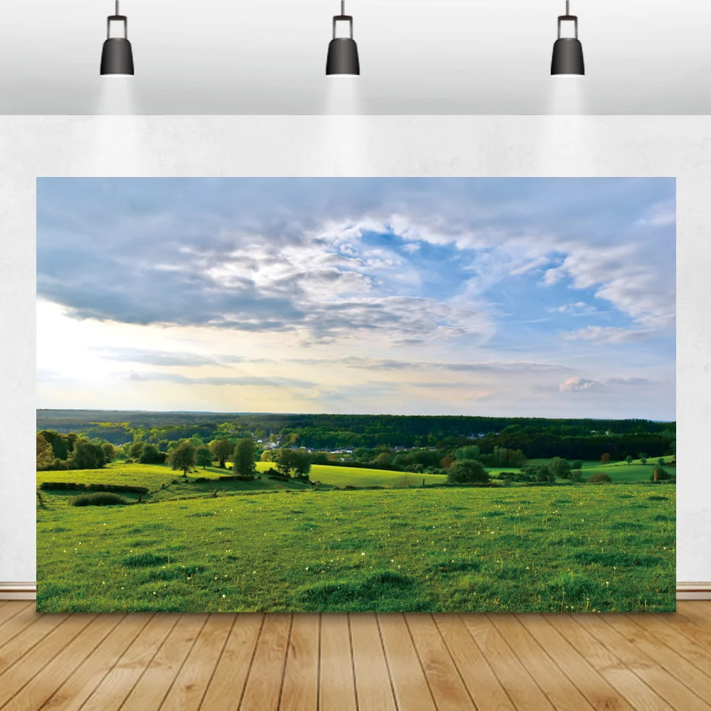 

Green Grassland Forest Natural Scenery Photography Background Blue Sky Clouds Living Room Decor Photocall Backdrop Studio Prop