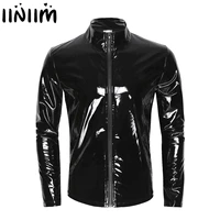 mens metallic latex t shirt coat wet look clubwear pvc leather zipper shirts club costume male streetwear autumn jacket tops