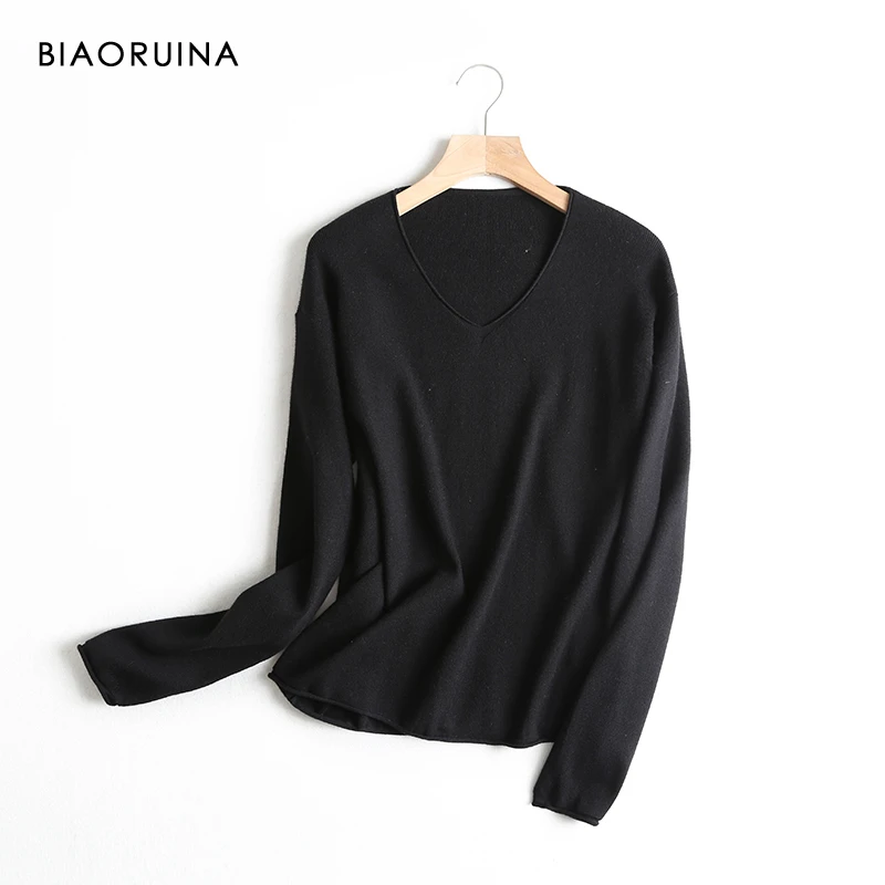 BIAORUINA 4 Color Women's Casual Basic All-match Thin Knit Sweater Female V-neck Sweet Pullover Long Sleeve Loose Sweaters | Женская