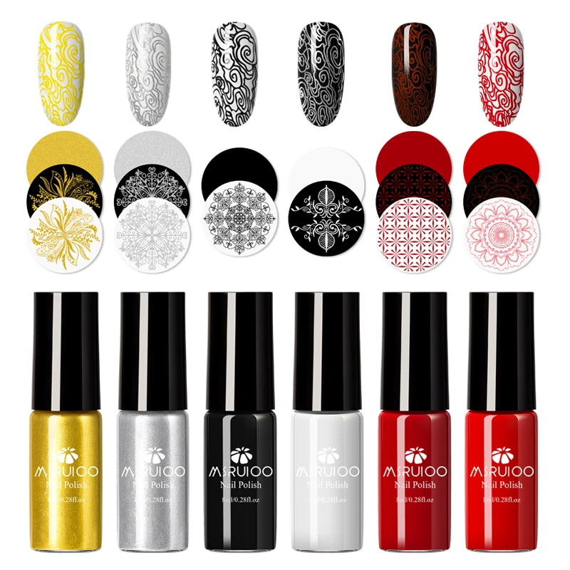 MSRUIOO 8 мл Черный Белый стемпинг ногтей покрытие лак Золотой Серебряный ноготь
