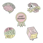 Эмалированная булавка с надписью Over Thinker Brain, позвольте мне передумать об этом, книга, медаль черепа, индивидуальные броши, аксессуары, рюкзак, подарок для друзей