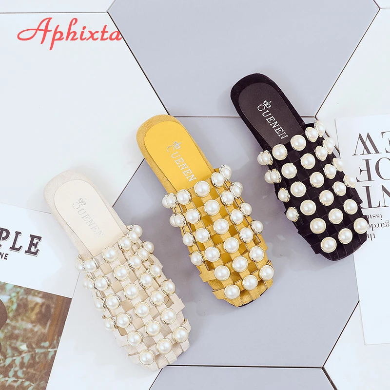 Женские пляжные шлепанцы Aphixta на плоской резиновой подошве с жемчугом женские