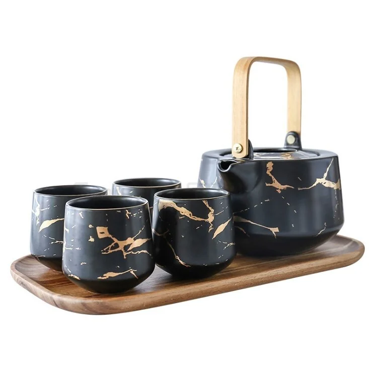 

Мраморный домашний чайный сервиз, черно-белая керамическая чашка в японском стиле для послеобеденного чая с подставкой из акации мангиум