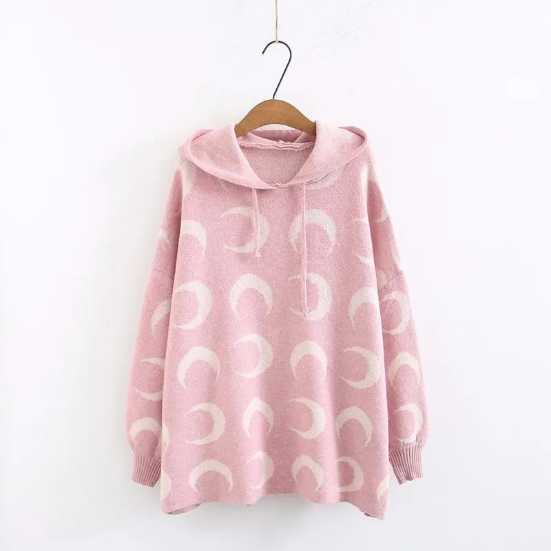 Женский свитер с капюшоном и принтом Луны повседневный трикотажный