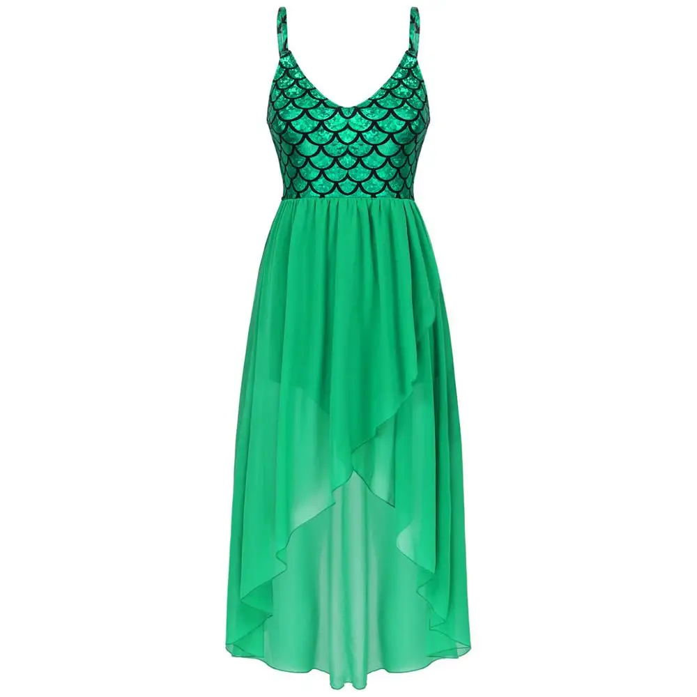 

Womens Mermaid Cosplay Dress Costume V Neck Shiny Mermaid Fish Scale Print Bodice Irregular Midi Dress with Built-in Shorts