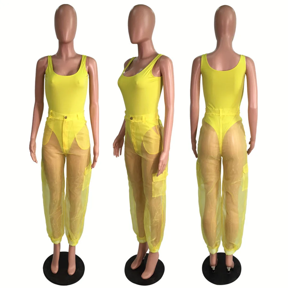 Sexy Bodysuit Top With Organza Pants Two Piece Set Casual Sleeveless Bodycon Jumpsuit Evening Club Party 2 Piece Overalls Sets