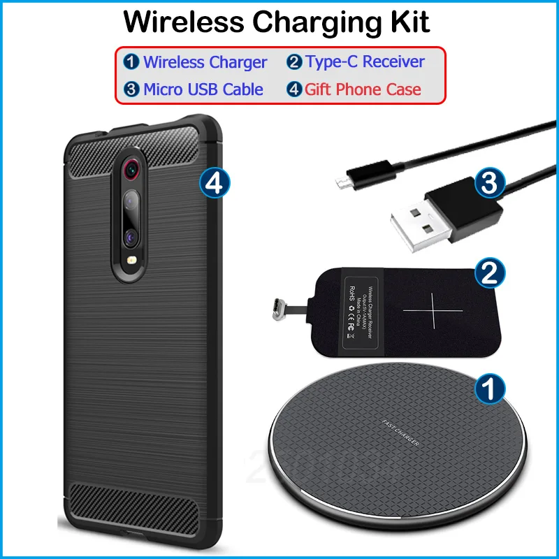 

Wireless Charging for Xiaomi Mi 8 9 9T SE Lite Pro A1 A2 A3 5X 6X CC9e F1 Qi Wireless Charger+USB Type C Receiver Gift TPU Case