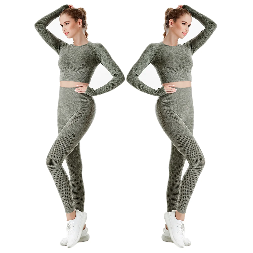 

Grey Yoga TrackSuit 5 Pcs Seamless Workout Sportwear High Waist Leggings Outfits Fitness Sets Female