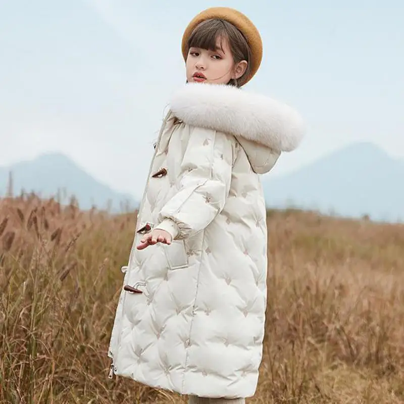 

Winter Long Hooded Down Jackets For Girls Outdoor Warm Windproof Down Coats For Children Kids Thermal Outerwear Clothing 5-14Y