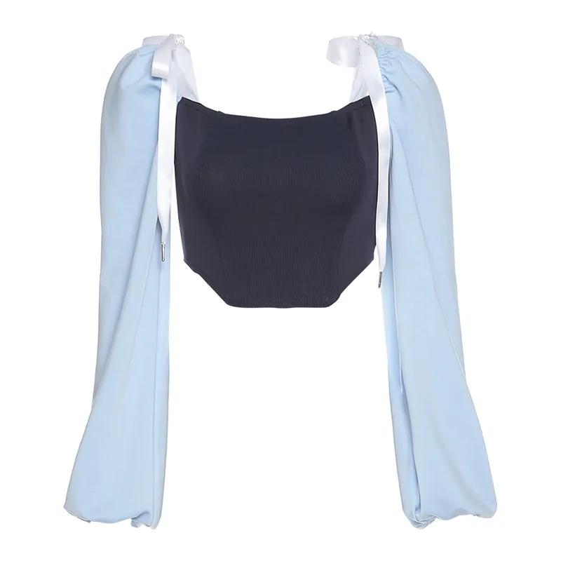 

Off Shoulder Sexy Street Style Shirt Ladies Fashion Fall Clothes Women Long Sleeve Tie-up Patchwork Slim Backless Strapless Tops