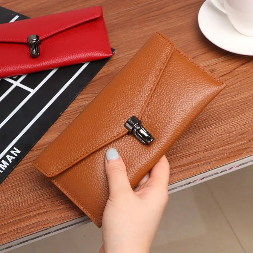 Light Brown Тонкий кошелек из натуральной кожи, Женский кошелек из коровьей кожи, женский длинный женский кошелек, красный, розовый, зеленый, черный, коричневый - Цвет: Light Brown