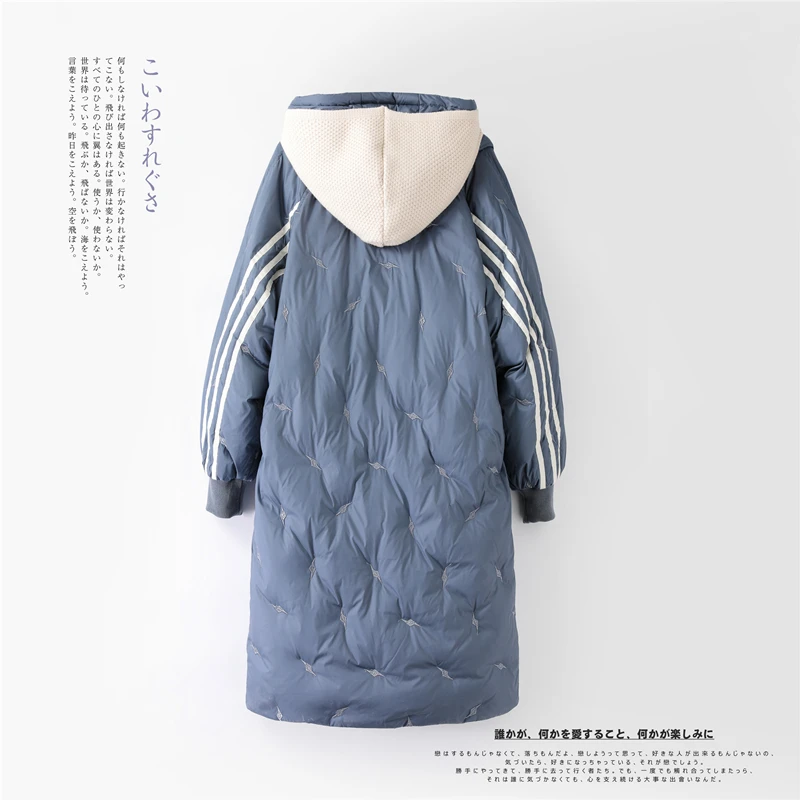 White duck down jacket women's medium and long coat new Korean thickened jacket knitted hooded splicing winter coat