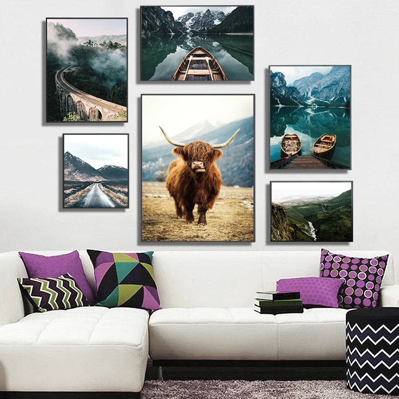 Скандинавский природный пейзаж холст с принтом животных корова озеро снег горы