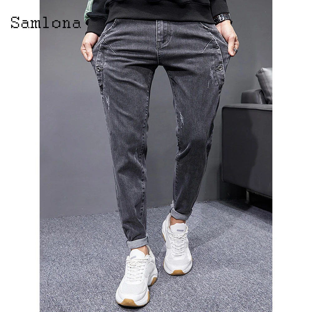 

Samlona Jeans Demin Pants Men Fashion Skinny Kpop Pant Male Bottom Slim Fitted Pants Denim Jeans Mens Stretch Pencil Trousers