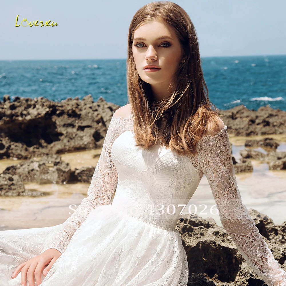 Loverxu вырез лодочкой пляж линия бохо кружева свадебные платья Шикарные аппликации