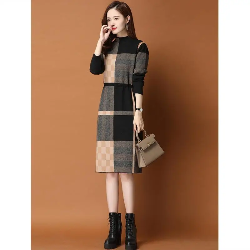 Женское Повседневное трикотажное платье-свитер клетчатый пуловер составного
