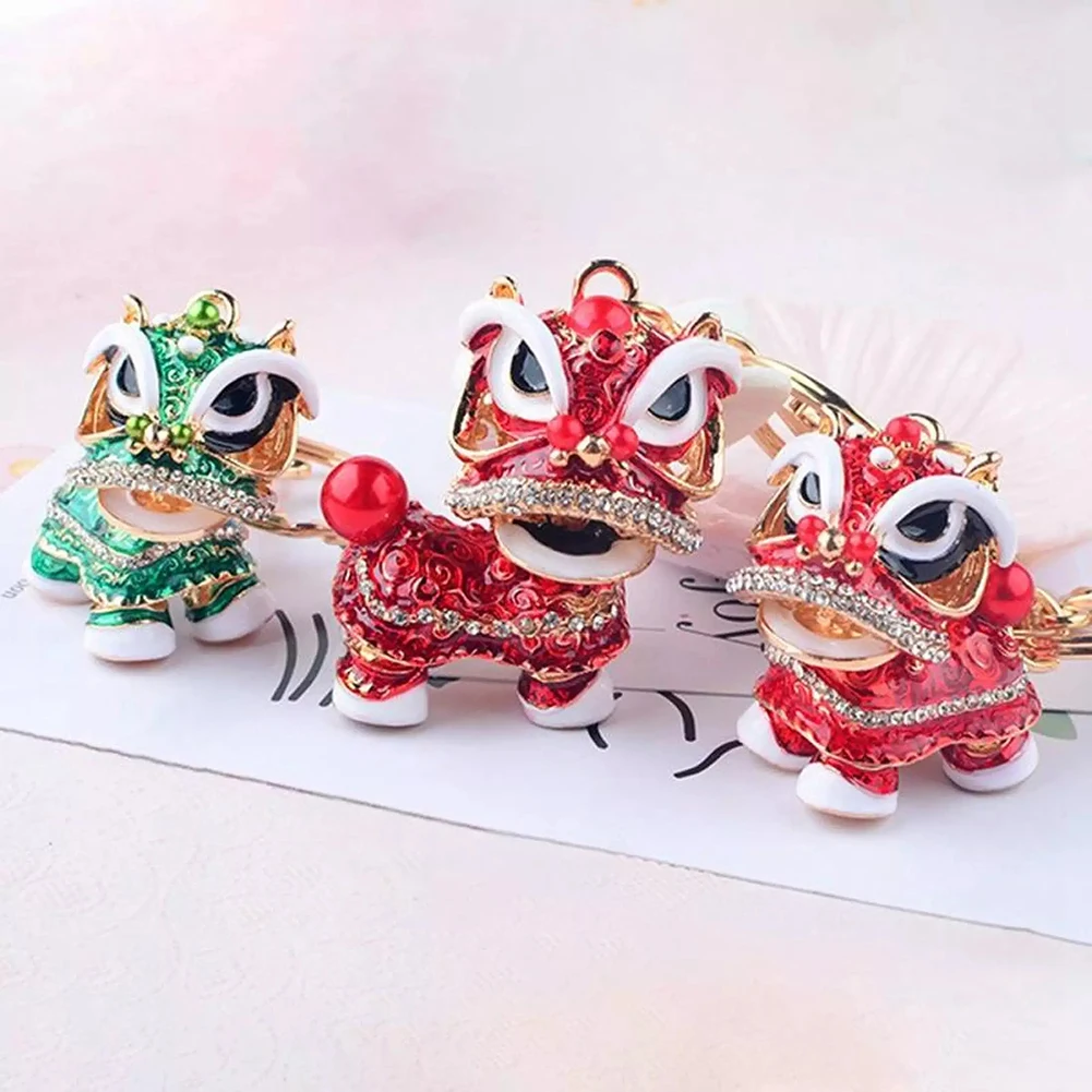 

Creative Chinese Style Lion Dance Key Ring Alloy Key Chain Pendant Cute Lion Rhinestones Keyring pendant Gift for Children