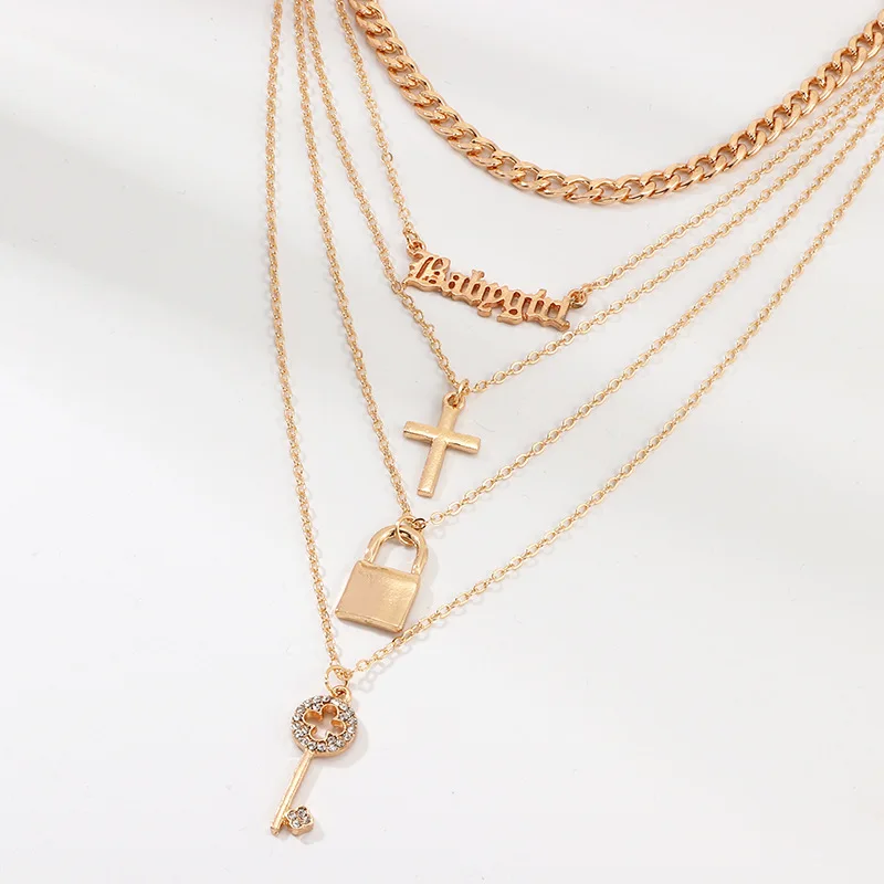 

New retro letter pendant necklace Long multi-layer key cross lock necklace for women babygirl necklaces fashion Sweater chain