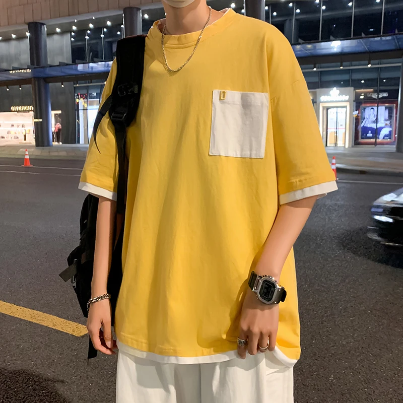

2022 Summer Fake Two Short Sleeve Men T Shirt Loose Pocket Causal Hip Hop Woman Oversized Clothes Harajuku Fashion Top Tee White