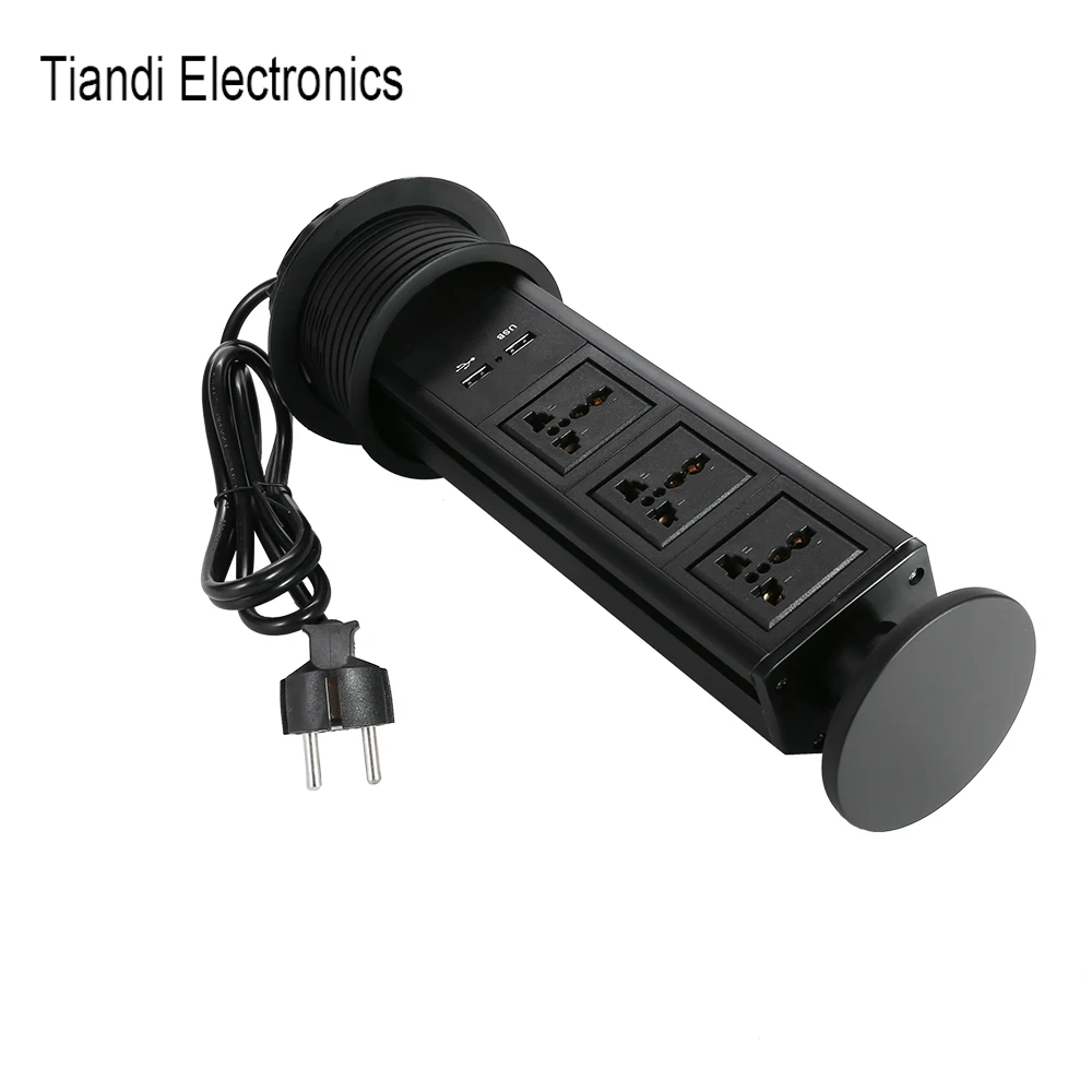 Black Hidden Tower Socket 3-digit Universal Power Pull-out Home Office Outlet Cable Wire EU Plug With USB Charge Can Custom Jack