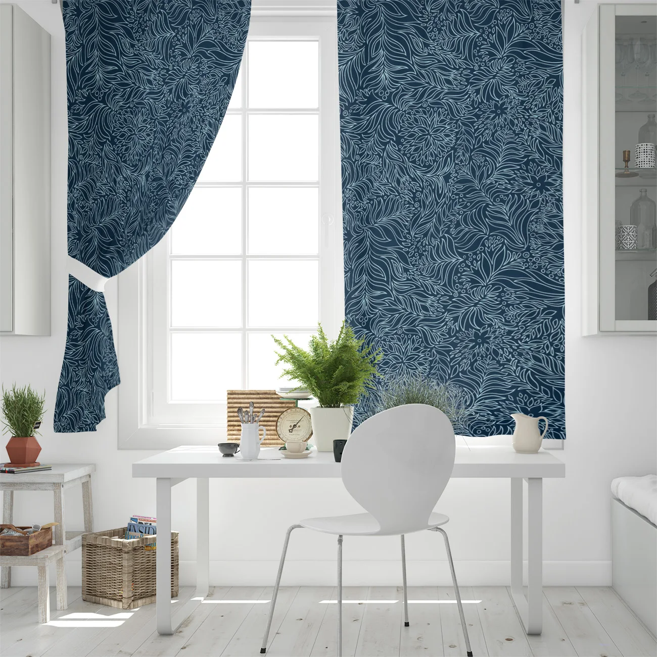 Flowers Teal Pattern Art Curtains Window Living Room Kitchen Indoor Thin Style | Curtain