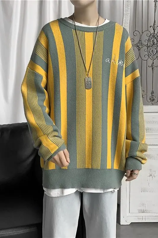 

2020 Autumn And Winter New Youth Popular Loose Contrast Color Striped Sweater Fashion Casual Round Neck All-match Pullover