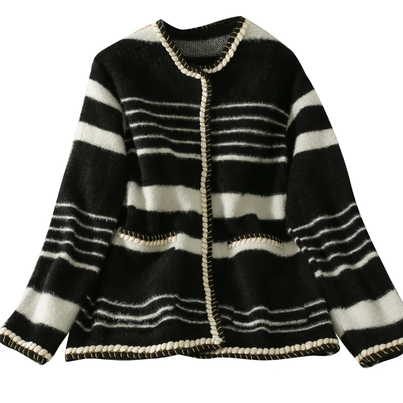 

Autumn and winter bright silk cardigan Korean striped loose long-sleeved sweater women