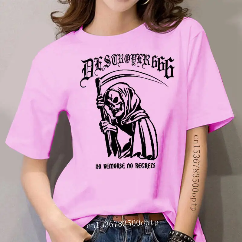

Casual Hip Hop Style Tops Tee Authentic Destroyer 666 Band No Remorse No Regrets T Shirt White S 2Xl New women T Shirt