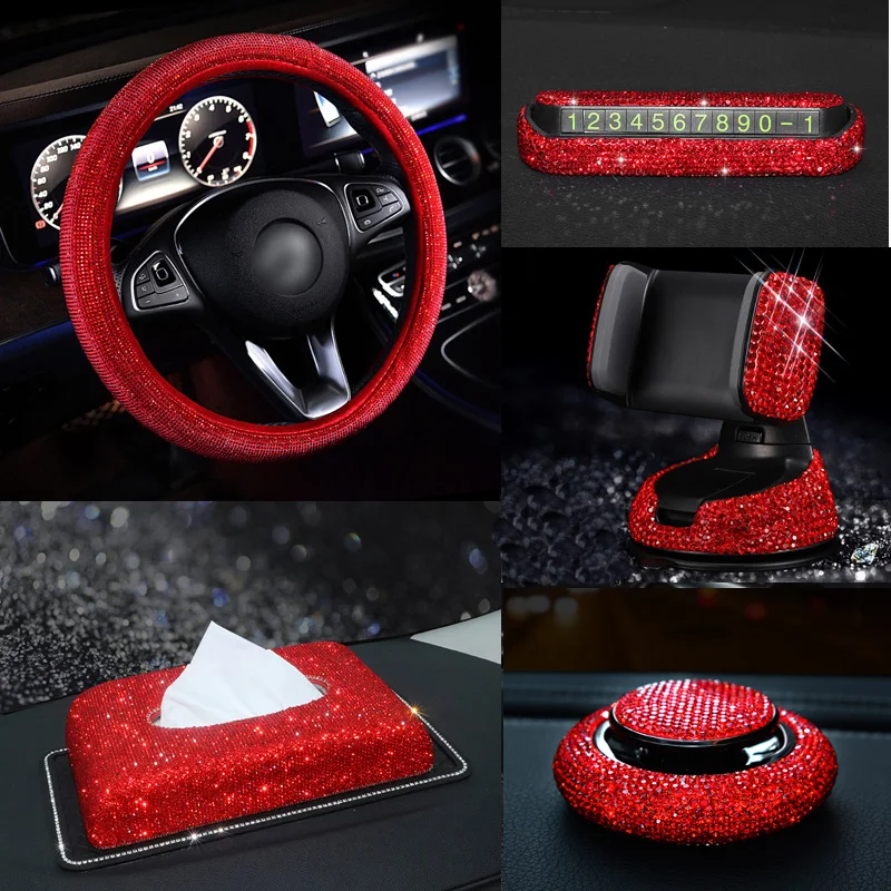 Red Rhinestone Car Interior Accessories for Women Diamond Steering Wheel Cover Crystal Car Mount Holder Keychain Tissue Box Deco Red Rhinestone Car Interior Accessories for Women Diamond Steering Wheel Cover Crystal Car Mount Holder Keychain Tissue Box Deco