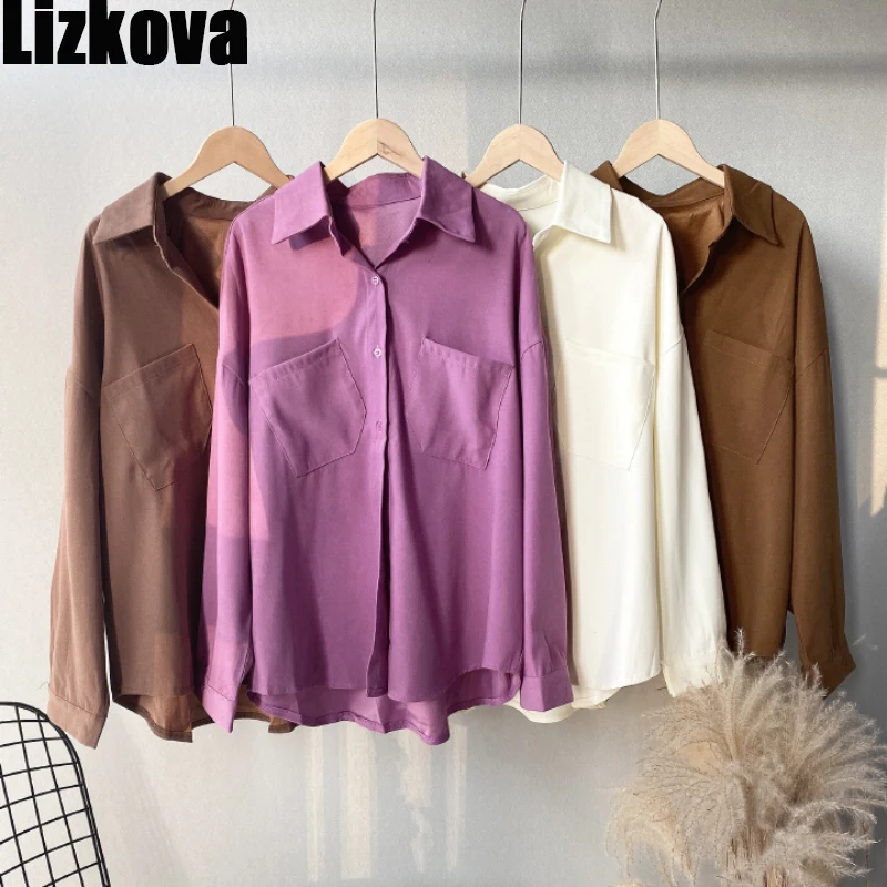 

Lizkova White Pockets Blouse Women Long Sleeve Lapel Oversized Shirt 2021 Elegant Official Ladies Casual Tops