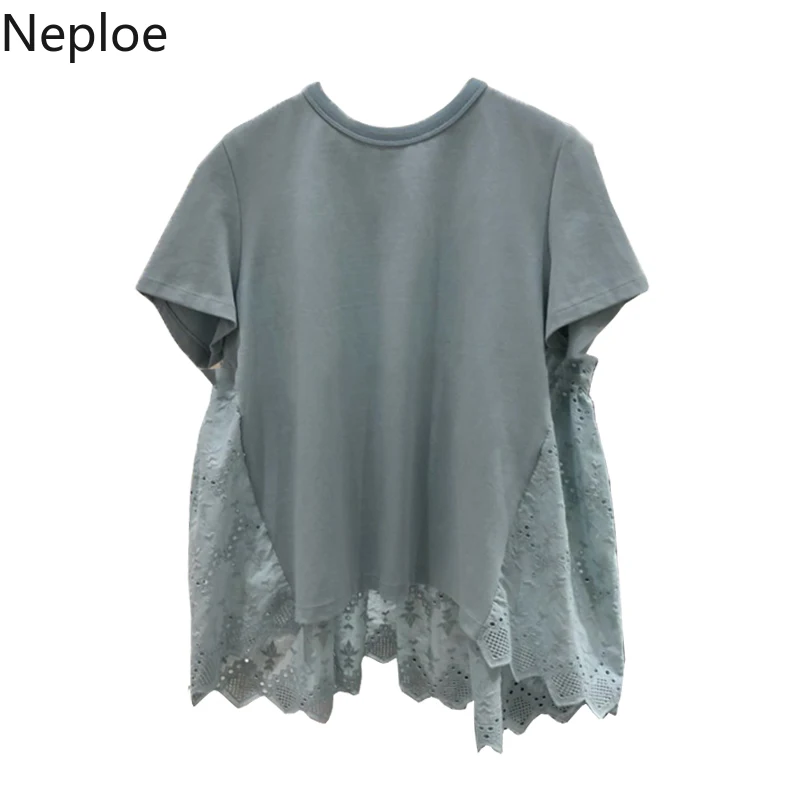 Neploe Ажурные кружевные лоскутные футболки Woomen новые с круглым вырезом и короткими