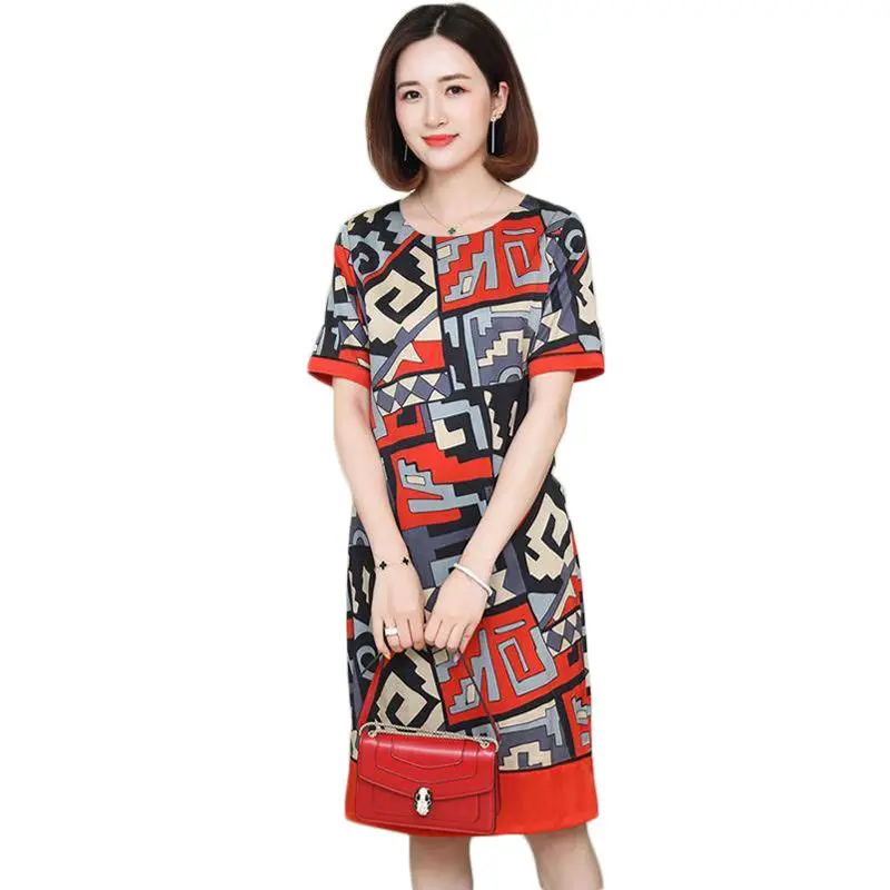 

Loose Version For Summer Women's Dress O-Neck Short Sleev A-Line Women's Dress Printing Red Fashion Ladies Skirt SS3289