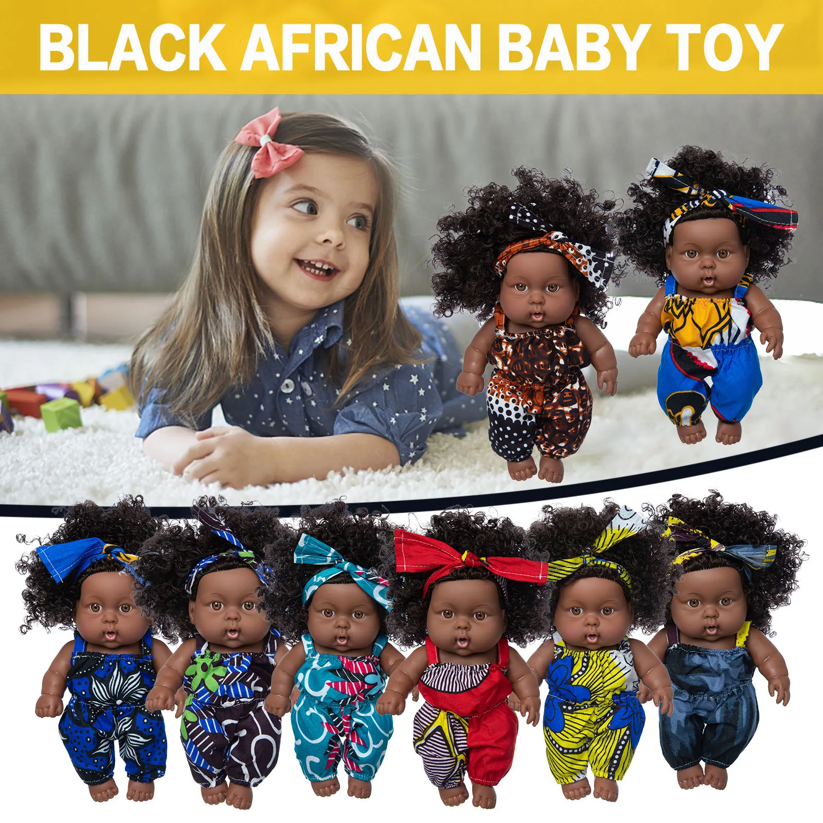 

Black Doll Toys For Kids African Black Baby Cute Curly Hair 8-Inch Vinyl With Fashion Dress-Up Girls Favorite Gifts High Quality