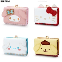 kawaii hello cinnamorolled kittyed melodyed small short wallet ladies girls plaid purse trifold leather women money bag clip za