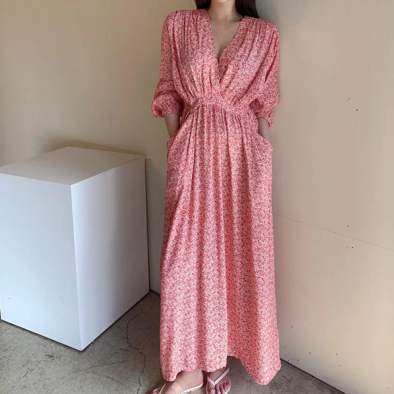 

One-Piece Korean 2020 New Spring Autumn Chiffon Dress V-Neck Sexy Dress Floral Print Loose Slim Woman Dress A-Line Maxi Dresses