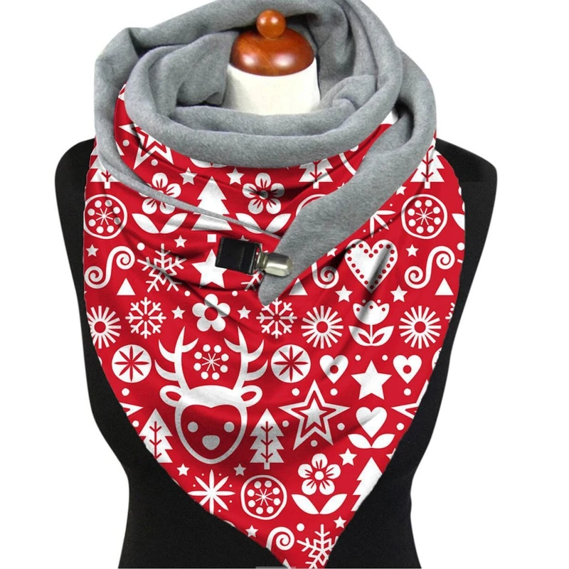 

Women Winter Warm Scarf Christmas Elk Snowflake Print Neck Warmer Snood with Clip Thermal Blanket Button Shawl Wrap