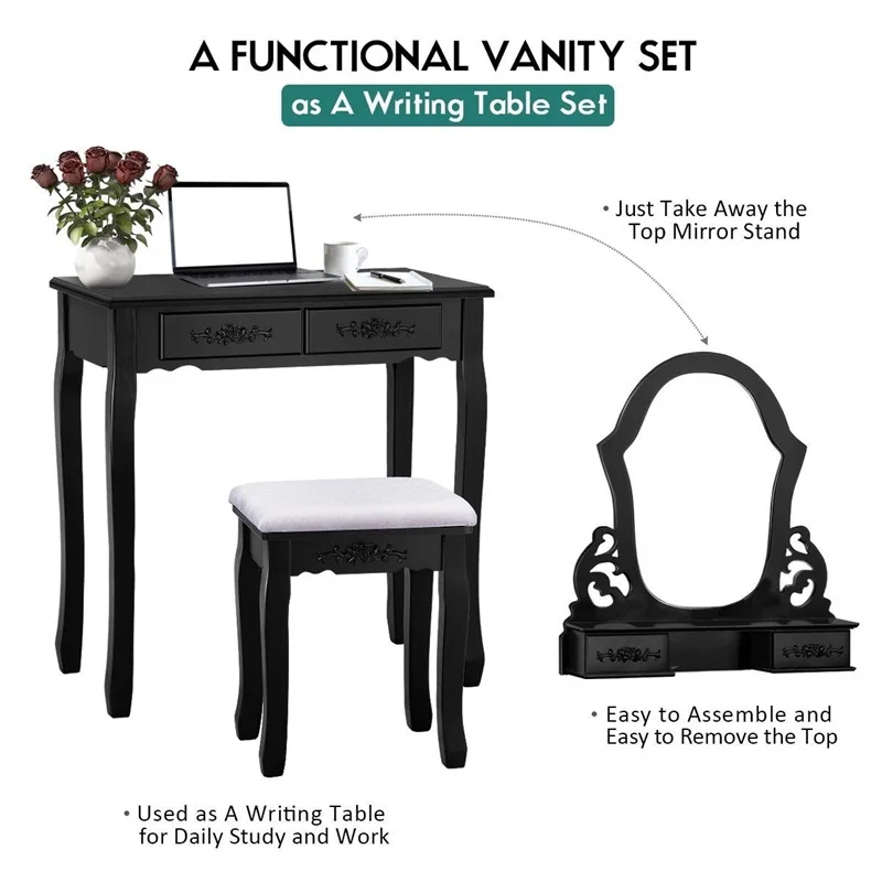 Набор табуретов для туалетного столика из соснового дерева с зеркалом 4