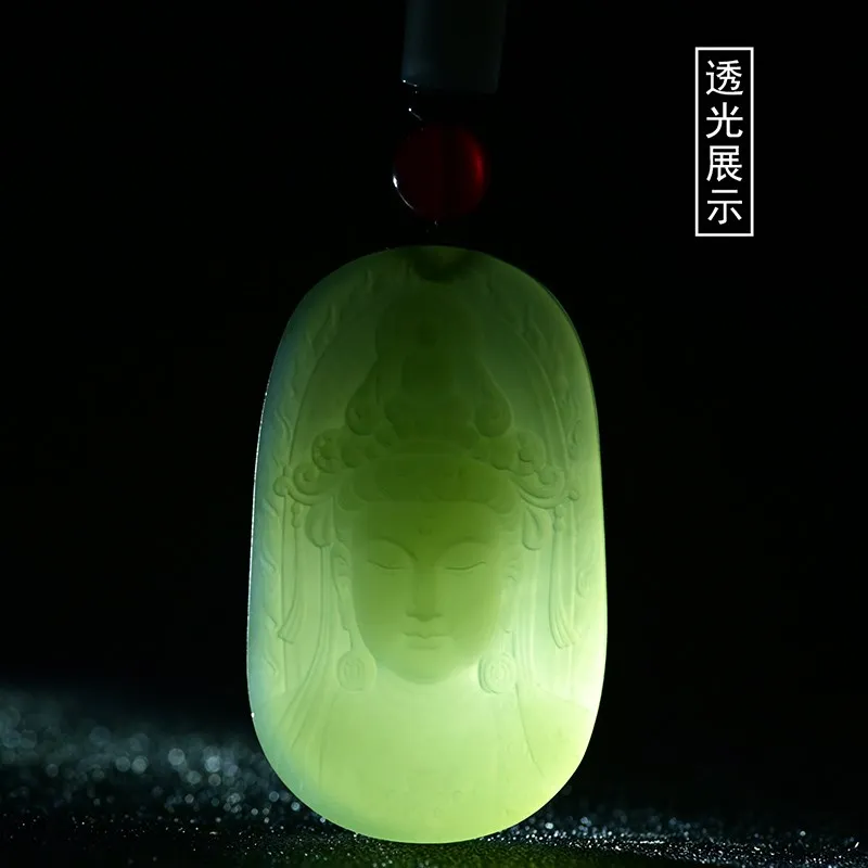 Натуральный хетянский нефрит Зеленый подвеска ручной работы Гуань Инь Будда жадеитовое ожерелье ювелирных изделий для мужчин.