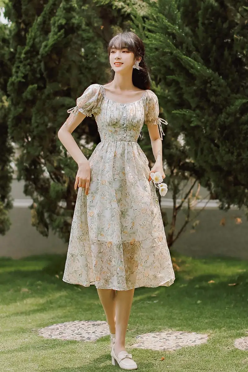 

COIGARSAM French Style Women Long dress Vintage Print Chiffon Dresses Floral Y1391