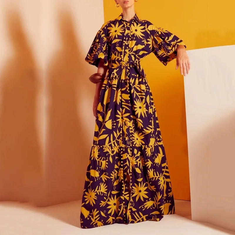 

MSXU Retro summer 2021 new women's lapel single-breasted print stitching high waist slim long large swing dress