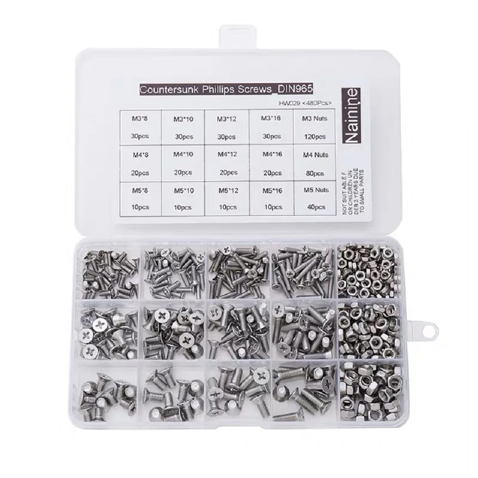 

480Pcs/set M3 M4 M5 DIN965 ISO7046 GB819 304 Stainless Steel Cross Recessed Countersunk Head Screws KM Screw Kit HW029