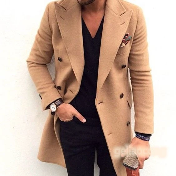 New Arrival Winter Fashion Men Slim Fit Long Sleeve Peak Lapel Coat Jacket Suit Khaki Mens Long Woolen Coats