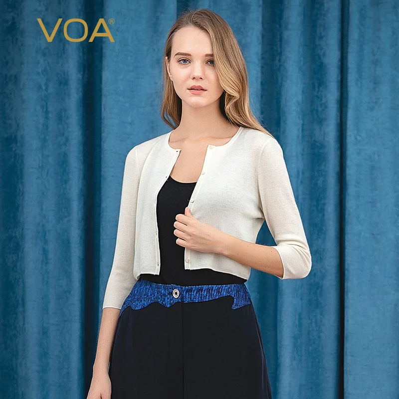

VOA Solid Color Fine Soft 60 Count Worsted Full Cashmere Sweater Female Round Neck Five Point Sleeve Single Breasted Shirt R1015