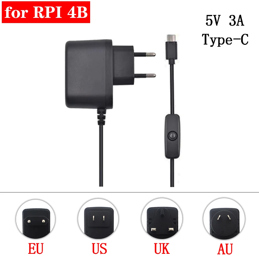 Raspberry Pi 4 блок питания 5V 3A type-C адаптер питания с переключателем вкл/выкл Европа США Великобритания Австралия USB-C зарядное устройство для Raspberry Pi 4 Модель B