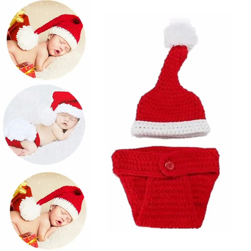 

2Pcs/Set Newborn Photography Costume Baby Handmade Crochet Knit Christmas Hat And Pants Suit Photo Props