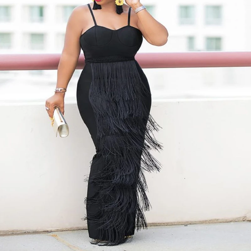 Black Plus Size Long Dresses Spaghetti Strap High Waist Tassel Evening Cocktail Party Gowns Fringe Outfits Dropshipping Autumn
